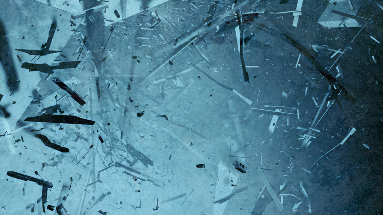 Dense layers of piano fragments swirling through a blue field